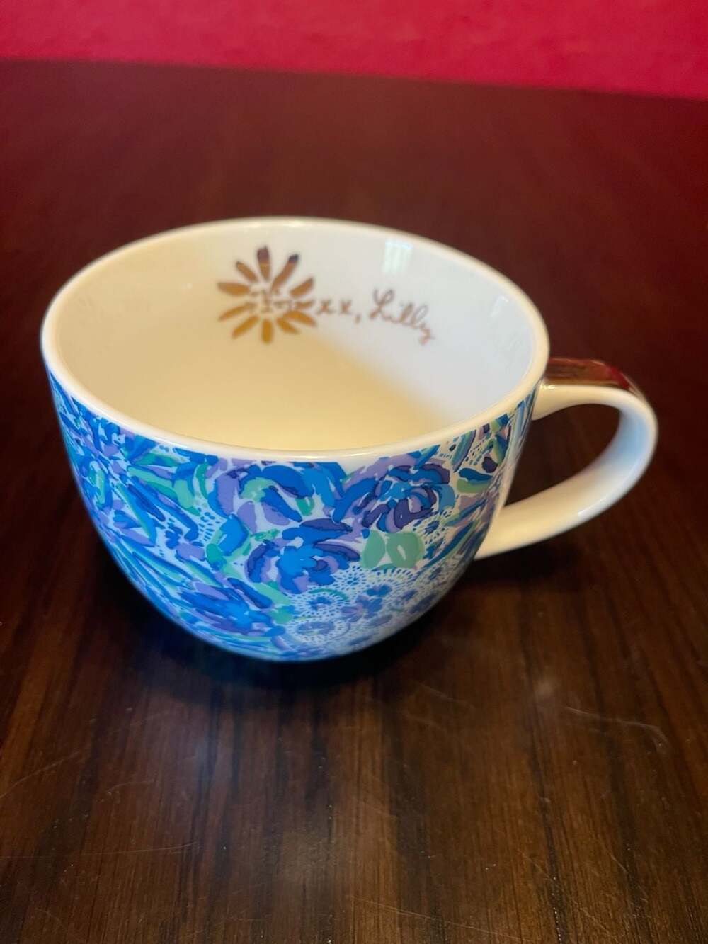 Lilly Pulitzer Floral Coffee Mug Tea Cup Blue Gold Ceramic Summer Spring Easter